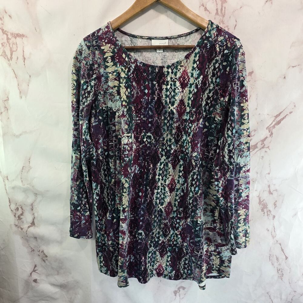 J Jill Shirt Womens Medium Purple Long Round Neck Knit Stretch Wearever Ikat